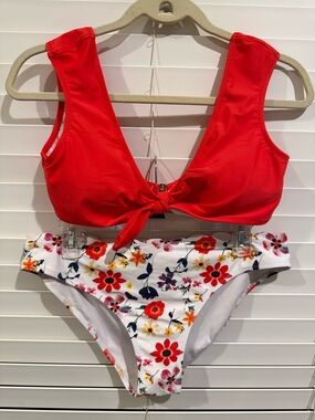Cupshe Red Tie-Front Bikini Top with White Floral Bottoms